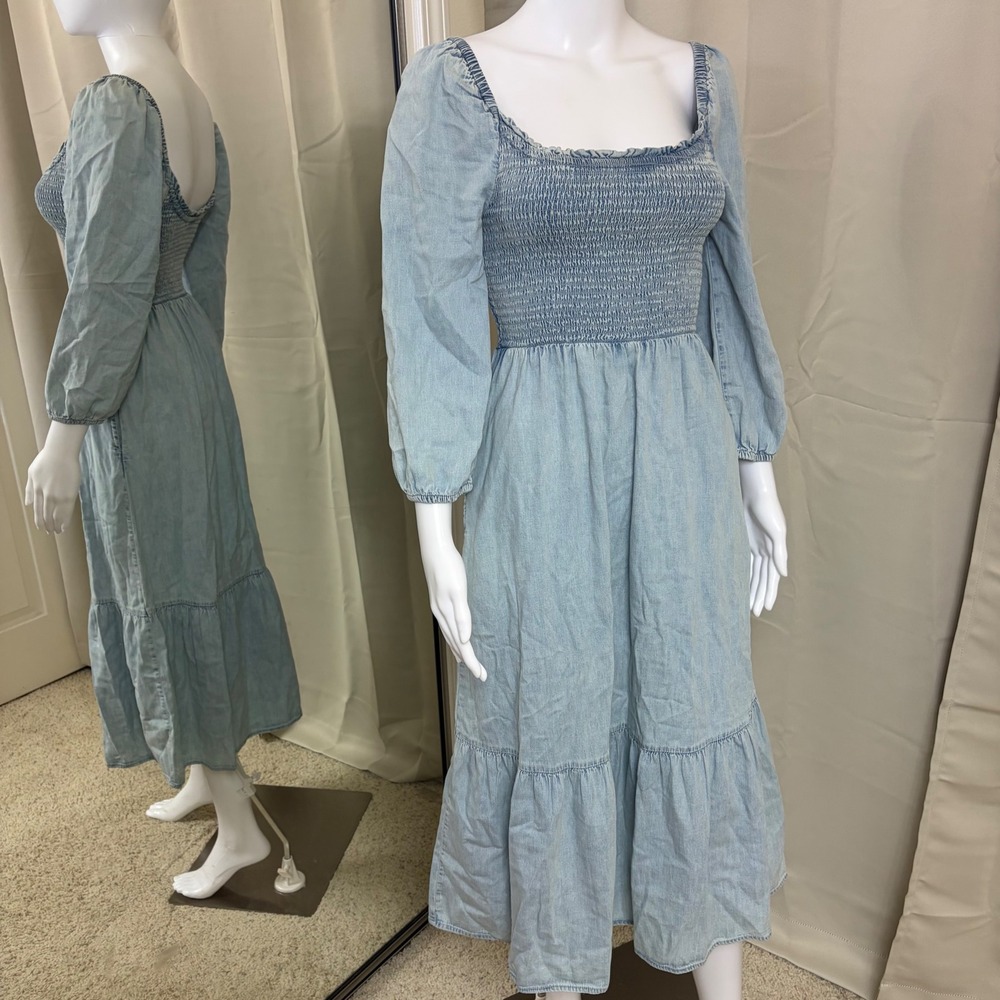 Gap Light Wash Denim Smocked Midi Dress Square Neck Puff Sleeve Blue XXS